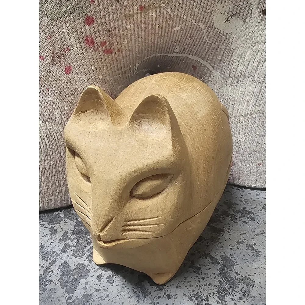 Arthur Court Designs 1980's Hand Carved Cat Wood Trinket Stash Box